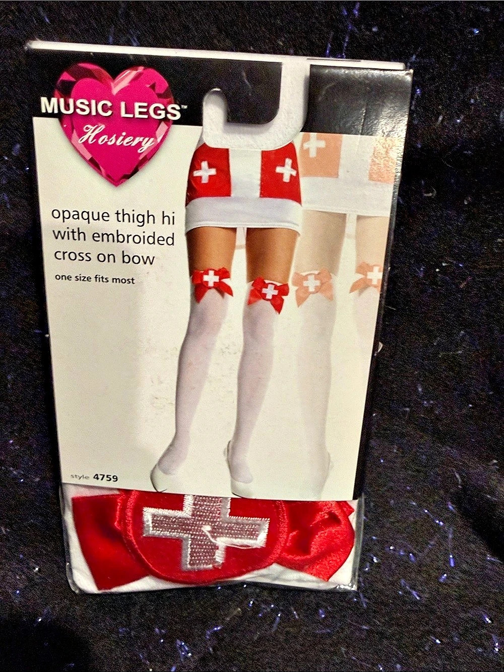Music Legs Opaque Thigh Hi with Embroidered Cross on Bow Hosiery White & Red NWT